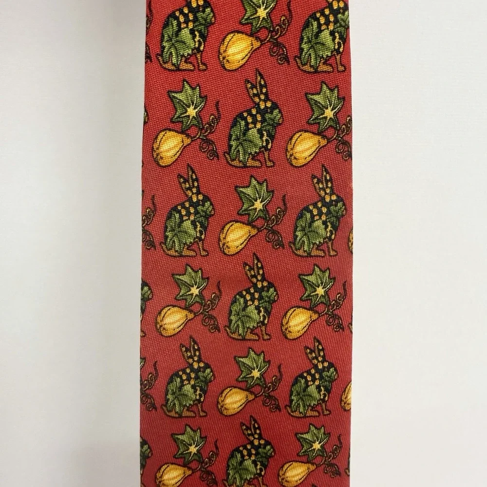 Salvatore Ferragamo Tie Rabbits & Pumpkins Autumn Leaves Red Silk 3 5/8